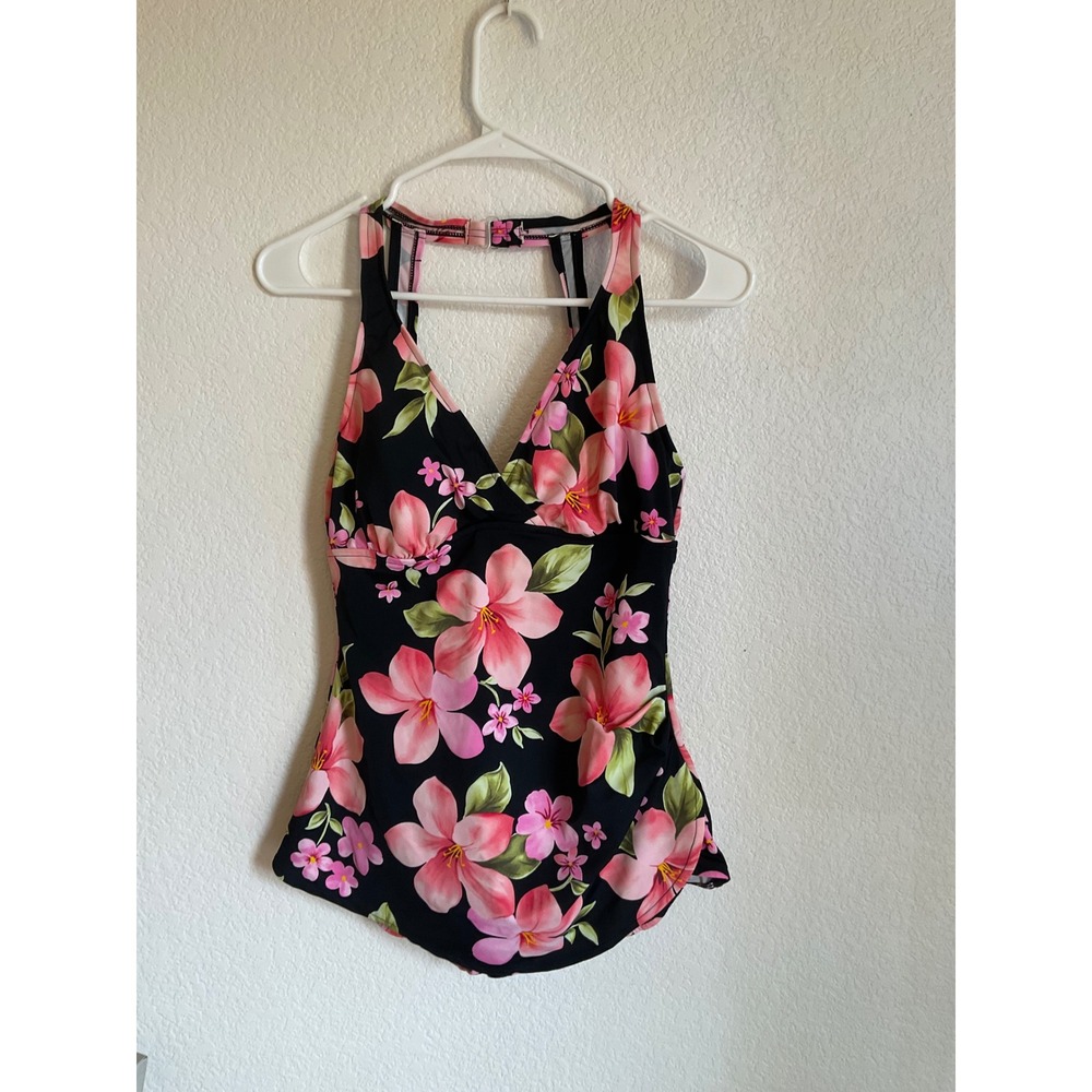Tropical Floral Halter One Piece Swim  Black Pink‎ Hibiscus Ruched V-Neck 12/14